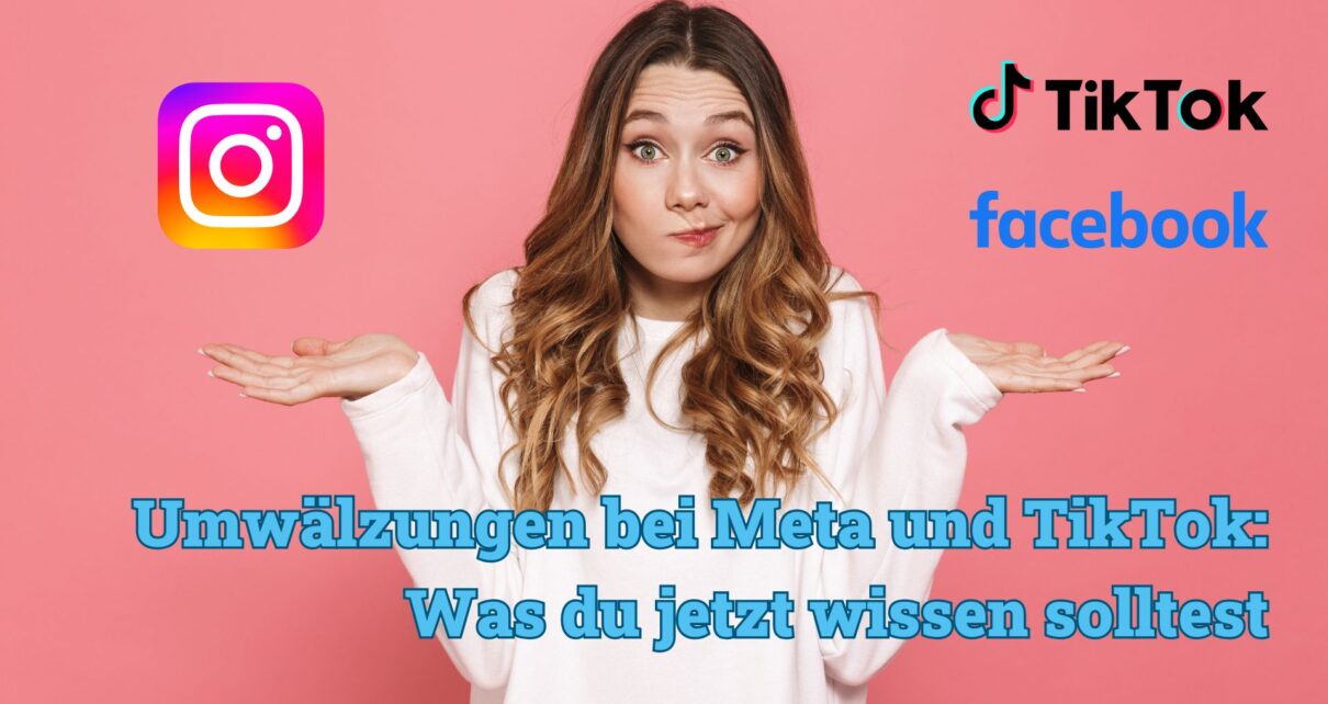 Das Bild zeigt eine ratlose Frau mit den Logos von Meta und Tiktok.